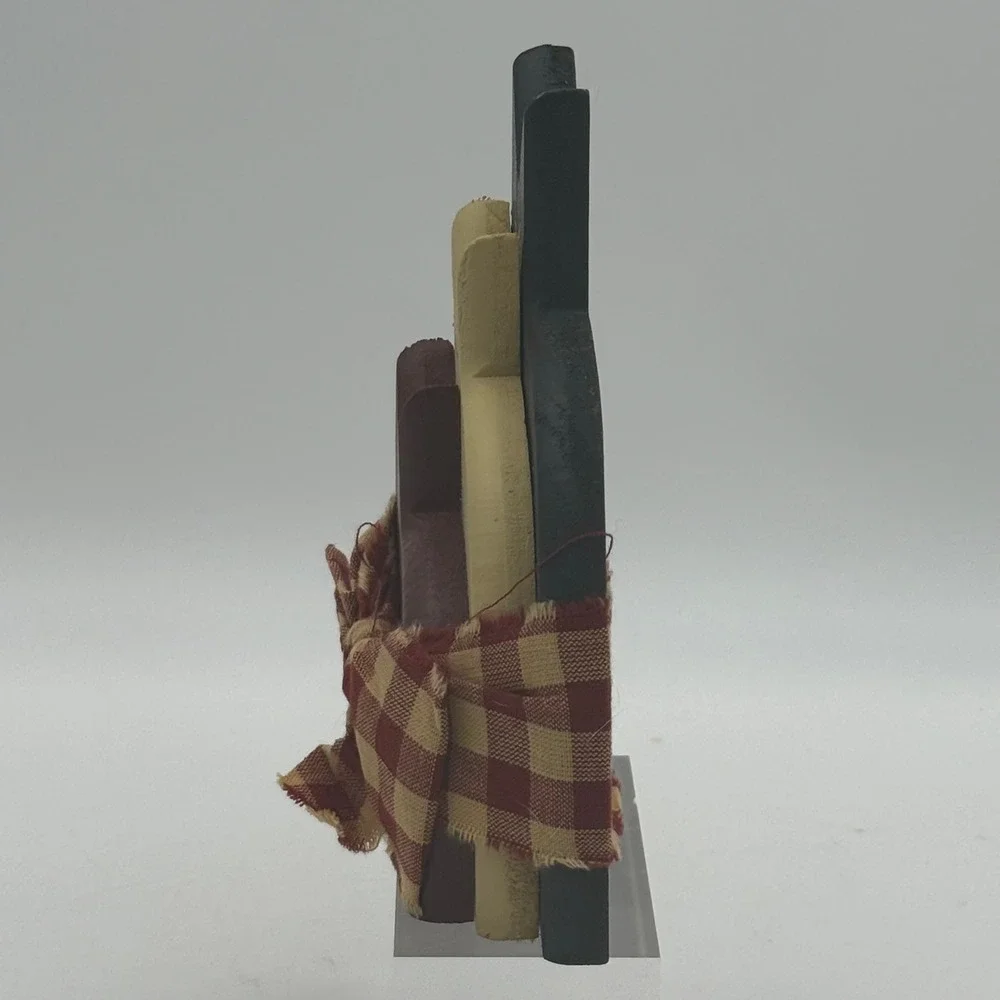 Primitive Wooden Cat Trio Figurine Rustic Folk Art Farmhouse Decor Gingham Bow